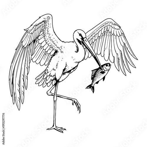 Heron flying stork delivering a baby in a black vector illustration design featuring elegant wings and a bird silhouette art style