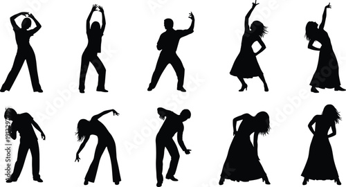 Collection of dancing people silhouettes isolated on background, men and women dance poses party music illustration set bundle concept