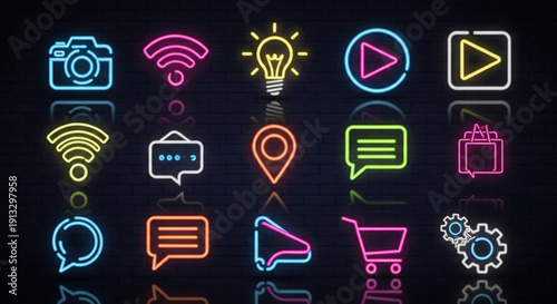 Neon icons for business communication and technology on dark background with reflections