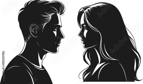 Romantic couple face to face silhouette portrait, love relationship concept, modern black and white flat vector illustration design minimal style