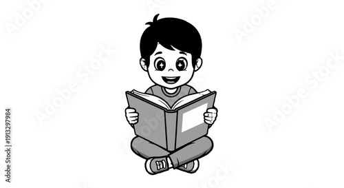 Happy boy sitting criss-cross applesauce, calmly reading a book, engaged in quiet study and enjoyment, depicted in a monochromatic style on an isolated white background.