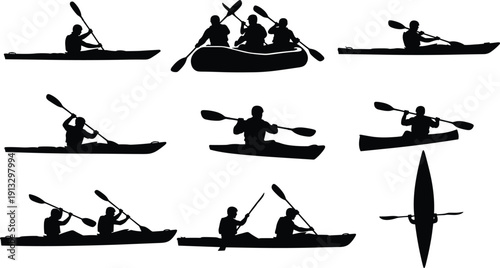 Collection of kayaking silhouettes isolated on background, canoe paddling adventure water sport outdoor recreation illustration set bundle concept design