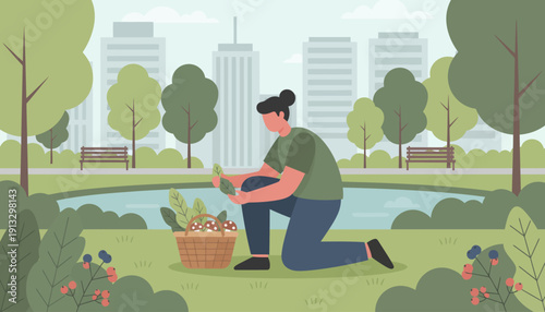 Person tending garden in a city park, harvesting vegetables with a basket and a peaceful, outdoor setting.
