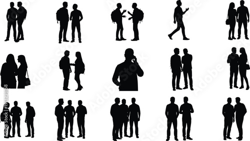 Collection of people group silhouettes isolated on background, men and women talking walking social interaction communication illustration set bundle concept