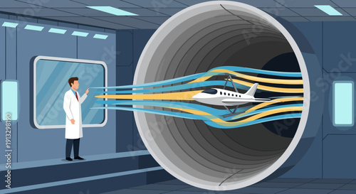 Scientist observes a high tech tunnel filled with colorful data cables and futuristic machinery.