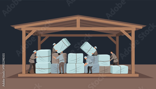 Stacks of cash under a wooden shelter representing business wealth and financial storage.