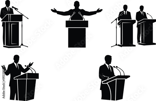 Collection of politician speaker silhouettes at podium isolated on background, public speech leadership debate conference communication illustration set bundle concept