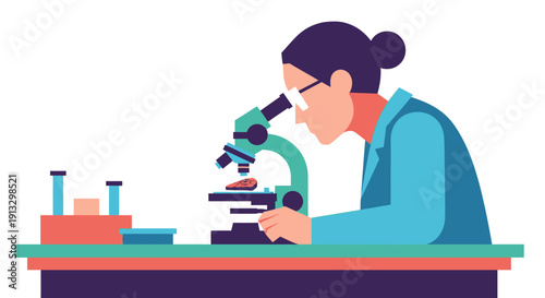 Female scientist works with a microscope in a biology laboratory during an experiment.