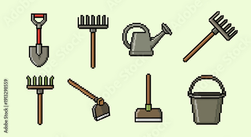 Collection of Gardening Tools Including Shovel Spade Rake Watering Can Bucket and Broom in Cartoon Style for Hobbies and Leisure.