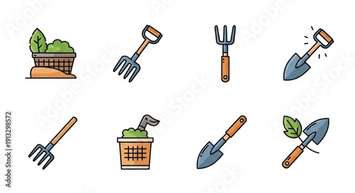Gardening tools and plants in baskets and pots colorful illustrations of shovels rakes and trowels for planting and cultivation