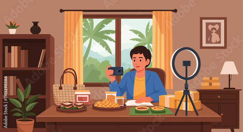 A man creates a cozy home cooking video with ring light and camera.