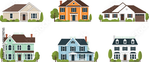 Collection of suburban family houses, modern residential homes and real estate property buildings in neighborhood architecture illustration design concept set