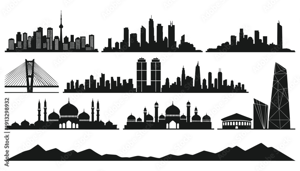 Obraz premium Silhouettes of iconic buildings and landmarks across different architectural styles