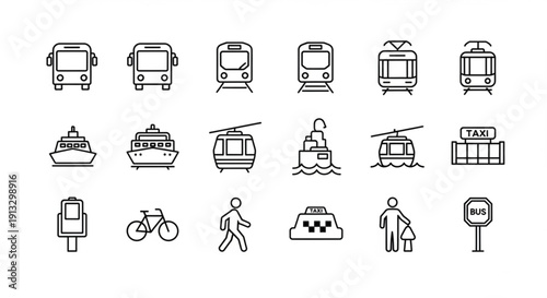 Collection of transportation icons including buses trains boats helicopters and people walking or biking