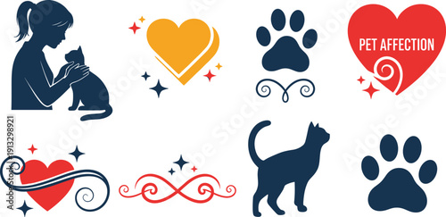 Cute pet affection and cat care set, girl hugging cat silhouette with heart and paw print icons, animal lover and friendship concept vector illustration isolated on white background.