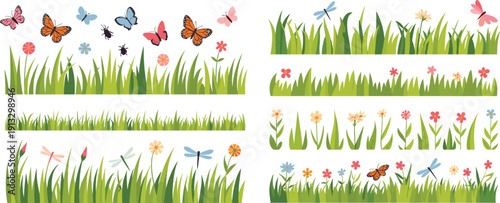 Collection of colorful spring grass borders with butterflies, dragonflies, beetles, and small flowers
