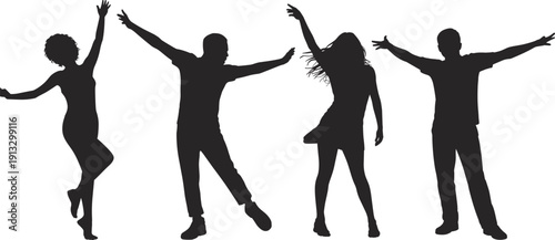 Energetic silhouettes of four diverse individuals dancing and celebrating with arms raised in joyful exuberance against a white backdrop