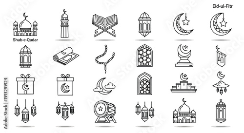 A professional set of black vector icons and silhouette symbols for web and mobile design featuring holiday and travel illustrations like a Christmas tree, winter star, birthday cake, and party gift