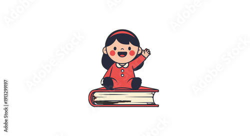 Cute Cartoon Girl Sitting on a Stack of Red Books Waving Hand Friendly on Isolated White Background