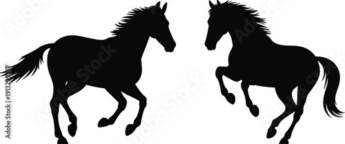 Two powerful black horse silhouettes in motion, one galloping and the other rearing, showcasing their muscular forms and flowing manes