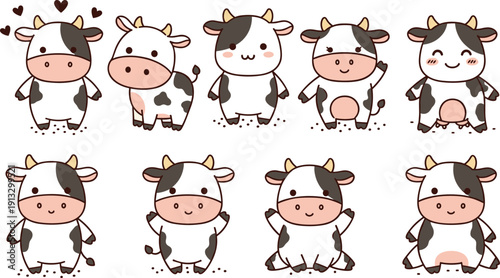 Cute cow cartoon set, kawaii farm animal characters, adorable baby cow poses, vector illustration, colorful, mascot design, children nursery art, sticker collection