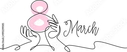 International Womens Day 8 March greeting card. Hands hold big eight. Continuous one line drawing art