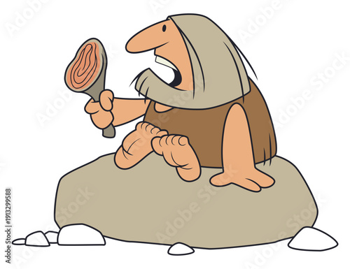 Funny hungry caveman holding meat.