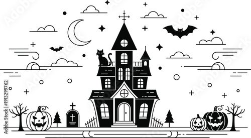 Haunted house vector illustration, spooky halloween night scene, bats, pumpkins, graveyard, moon, gothic mansion, black silhouette design, horror themed background artwork
