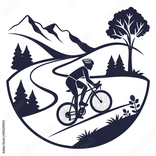 cyclist riding bicycle on road through mountains and trees