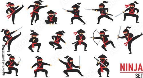 Ninja warrior character poses collection, Japanese martial arts fighters with swords and weapons in action cartoon style illustration set design
