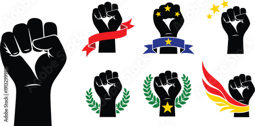 Raised fist power and protest silhouette set, clenched hand icons with victory ribbon, laurel wreath and stars symbols vector illustration isolated on white background.