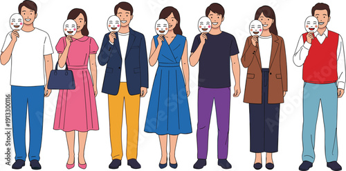 People holding smiling mask vector illustration, emotional expression concept, happy face disguise, psychology theme, social behavior, human emotions, character set design