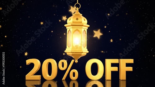 Golden Ramadan Lantern and 20% Off Discount Text with Stars, Offering Festive Sale Promotion