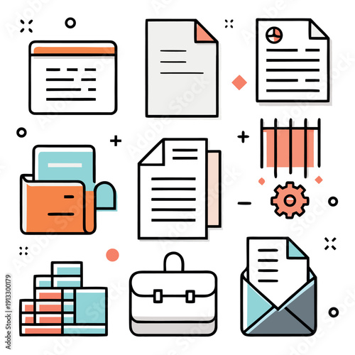 office document icons, colorful paper sheets, notebook, printer, and file stack, minimal design, bold black outlines, soft pastel colors,