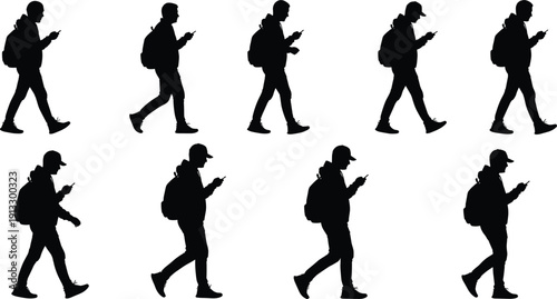 Walking man silhouette collection using smartphone, urban lifestyle people with backpack browsing mobile phone while walking illustration set design concept