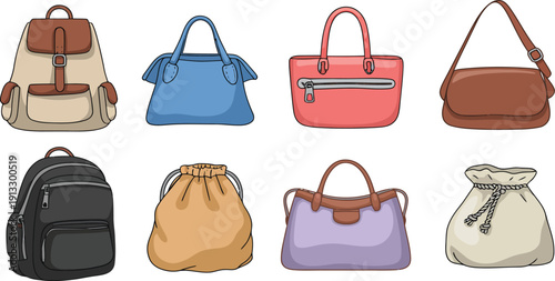 Collection of 8 Handbag Illustrations - Fashion Accessories Vector Art for Style Blogs. Vector Illustrations