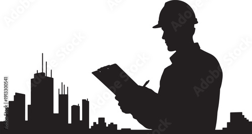 Silhouette of construction worker with clipboard and cityscape hard hat