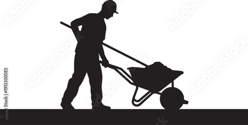 Silhouette of man pushing wheelbarrow with shovel on shoulder worker laborer