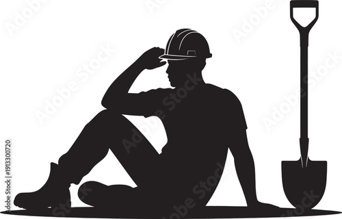 Black silhouette of construction worker sitting next to shovel hard hat