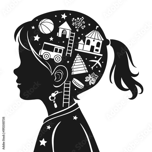 Black silhouette of a girl with a creative mind full of thoughts and imagination