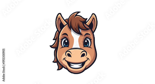 Cute happy horse head smiling with blue eyes, isolated white background