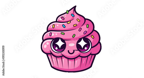 Kawaii cute pink cupcake with big eyes and sprinkles, isolated white background