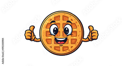 Happy Cute Waffle Character Giving Thumbs Up with a Cheerful Smile on Isolated White Background
