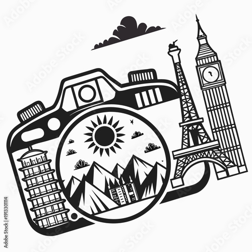 black and white illustration of a camera with famous landmarks