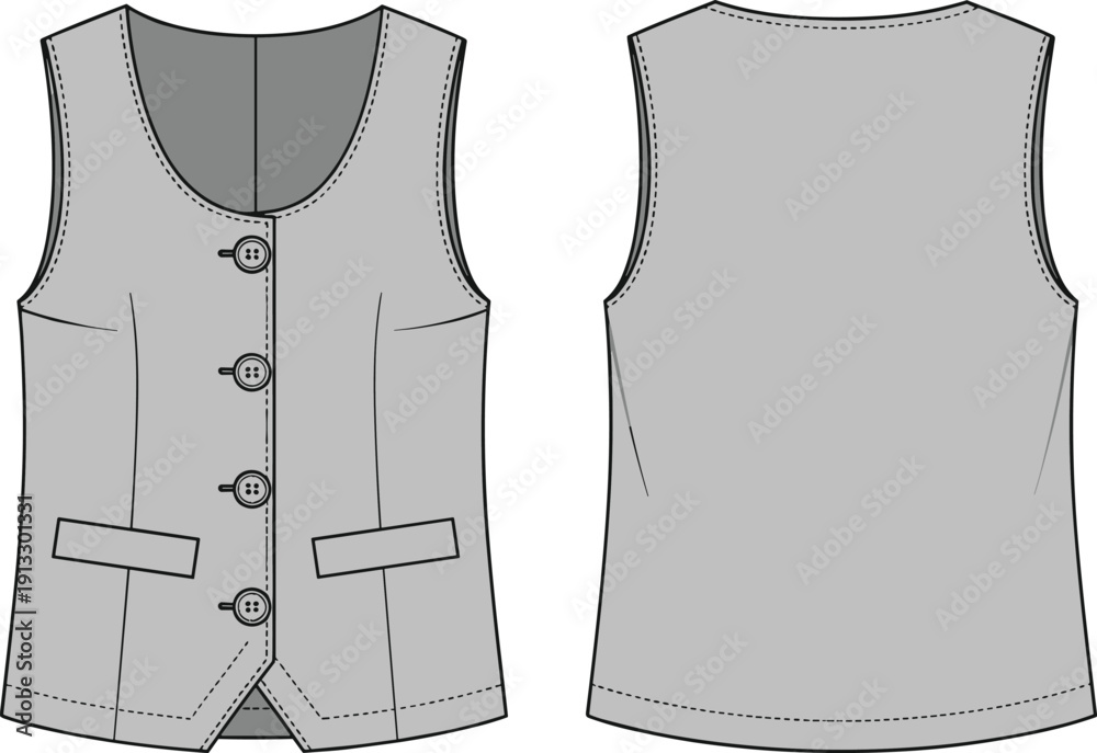 Ταπετσαρία Womens formal waistcoat vest technical flat sketch, button down sleeveless jacke