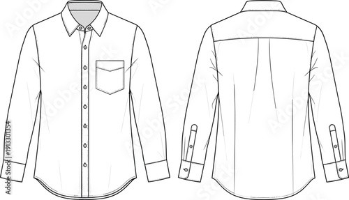 Mens formal button up dress shirt technical CAD drawing with chest pocket and long sleeves front and back view flat vector illustration.