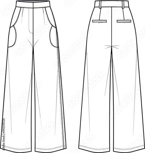 Women high waisted wide leg trousers technical CAD drawing with round pockets and back welt pockets flat vector illustration tech pack.