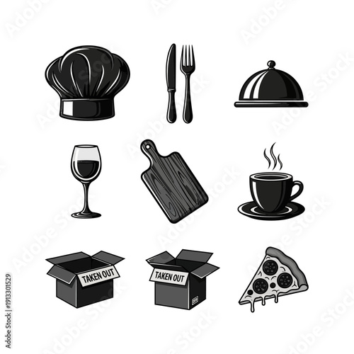 Kitchen and Restaurant Food Icons Set with Chef Hat and Take Out Pizza on Isolated White Background