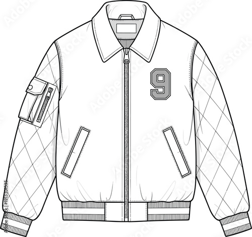 Mens varsity bomber jacket technical CAD drawing with quilted sleeves and patch detail front view flat vector illustration tech pack.