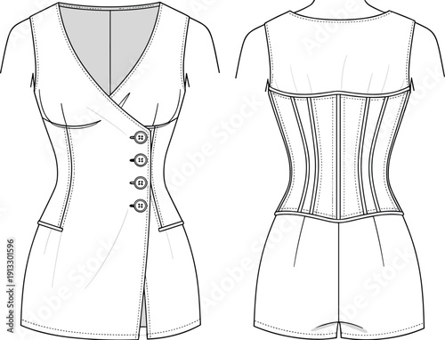 Women asymmetric tailored corset vest technical CAD drawing with button closure and boning detail front and back view flat vector illustration.